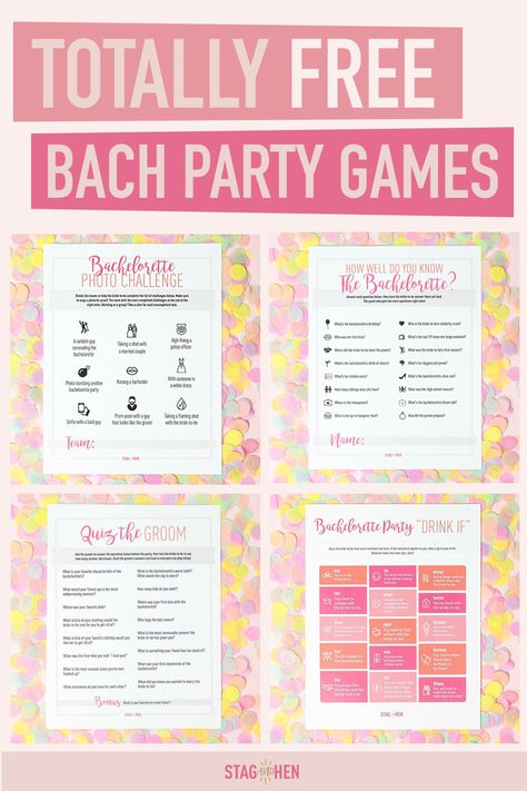 Looking for some affordable bachelorette party games and activities for your bestie's final fling? Look no further! We offer fun and free bachelorette party games like Bachelorette Party Scavenger Hunts, Bachelorette Party Photo Challenges, Bachelorette Party Bride Triva and more! Simply download your favorite and print out at home. And YEP - they really are free!  Stag  Hen also offers over 200 cute and classy bachelorette party supplies for an unforgettable weekend. Bachelor Party Games For Bride, Bachelorette Party Quiz For Bride, Bach Party Planning Checklist, Bachelorette Party Diy Games, Bachlorette Party Scavenger Hunt Funny, Bachelorette Printables Free, Scavenger Hunt Bridal Party, Bridesmaid Party Games, Ice Breaker Games For Bachelorette Party