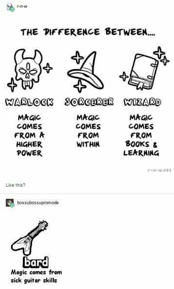 Now I know the difference Between warlock wizard and sorcerer and bard Dnd Sorcerer Character Design, Dnd Warlock Character Design, Wizard Dnd Character Design, Warlock Character Design, Sorcerer Character Design, Zelda Quotes, Tenacious D, Dungeon And Dragons, Dungeons And Dragons Memes