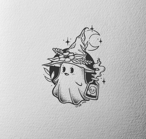 Fall Witch Tattoo, Halloween Friendship Tattoos, Halloween Tattoo Witch, Cottagecore Ghost Tattoo, Cute Mini Halloween Tattoos, Harry Potter Ghost Tattoo, Witchy Ghost Tattoo, Ghost Witch Tattoo, Witch Ghost Tattoo