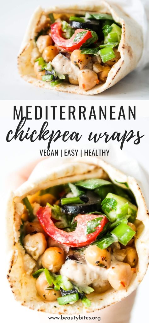 Mediterranean Chickpea Wraps (Meal Prep Option) - Beauty Bites Vegan Chickpea Recipes, Mediterranean Chickpea, Beauty Bites, Easy Mediterranean Diet Recipes, Chickpea Recipes, Makanan Diet, Vegan Meal Prep, Vegan Meal, Mediterranean Diet Recipes