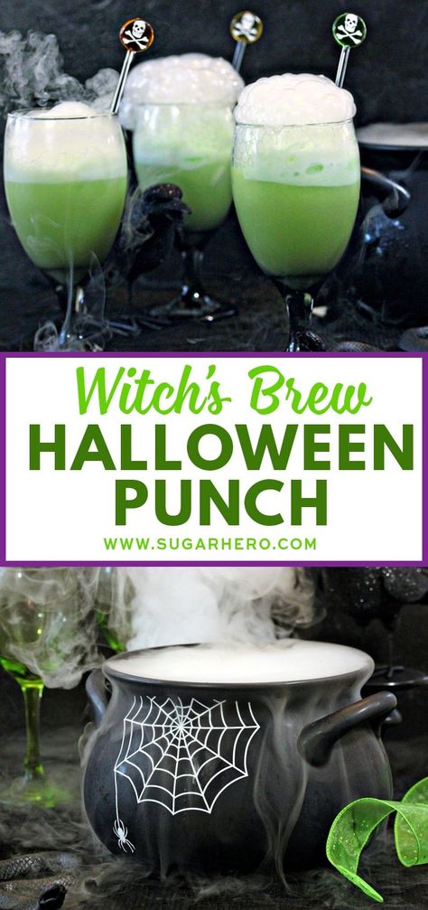 Witch's Brew Halloween Punch - this is a spooky, sparkling lime punch the whole family will love! #sugarhero #halloweenpunch #halloweendrink Witches Brew Recipe, Witch Brew Recipe, Punch Halloween, Halloween Punch Recipes, Pasteles Halloween, Halloween Party Drinks, Halloween Witches Brew, Halloween Punch, Lime Punch