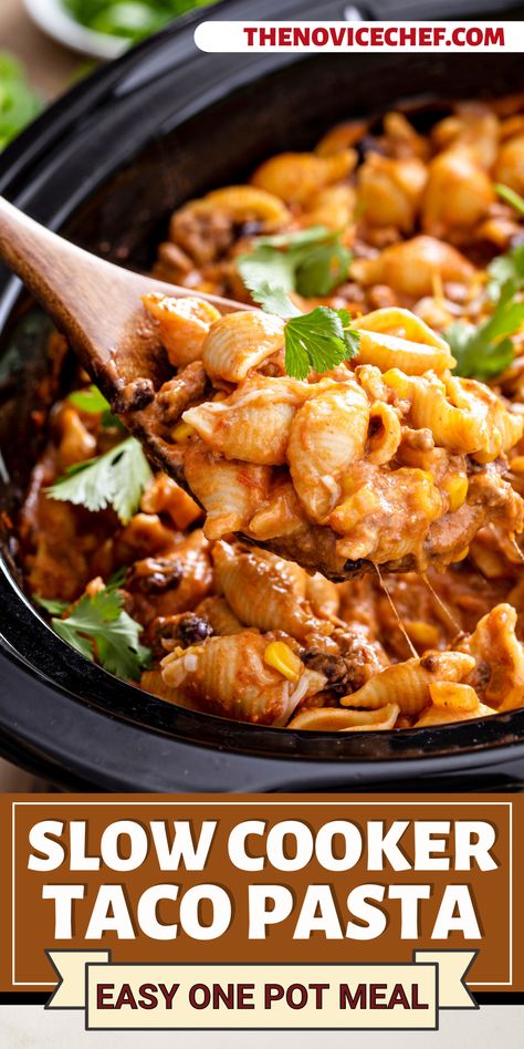 Looking for an easy, comforting meal? This stick-to-your-ribs Slow Cooker Cheesy Taco Pasta is the answer! Packed with taco flavor and cheesy goodness, it feeds an army and makes the perfect leftovers! Cheesy Taco Pasta, Cheesy Pasta Recipes, Slow Cooker Pasta Recipes, Novice Chef, Crockpot Pasta Recipes, Crockpot Pasta, Taco Meat Recipes, Slow Cooker Ribs, Crock Pot Tacos