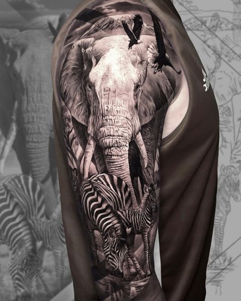 Elephant and zebra sleeve tattoo on upper arm Tattoo On Upper Arm, Zebra Tattoo, Rose Half Sleeve, Zebra Tattoos, Nebula Tattoo, Jungle Tattoo, Tattoo Style Art, Half Sleeve Tattoos Forearm, Half Sleeve Tattoos