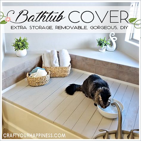 If you have a bathtub or garden tub you don't use often, learn how to increase your space by making a beautiful inexpensive removable wood bathtub cover. Can be used on a temporary basis or permanent one. Sew Pouch, Gratitude Stones, Contact Paper Countertop, Painted Shower Tile, Shower Curtain With Valance, Bathtub Cover, Wood Bathtub, Small Dragon, Mother Daughter Projects