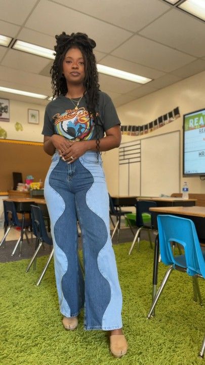 70s Inspired Outfits Black Women, Casual Jean Outfits Summer, Spring Teacher Outfits 2023, Black Teacher Outfits, Teacher Outfits Black Women, Trendy Teacher Outfits, Cool Teacher Outfits, 80s Fashion Black Women, 70s Outfits Black Women