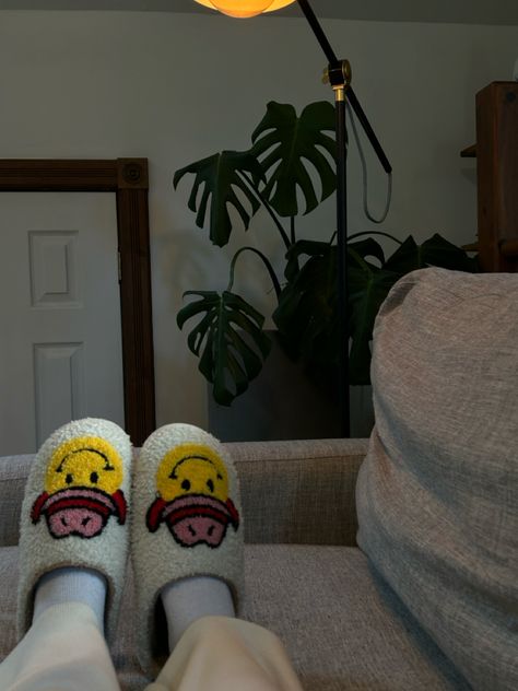 fuzzy slippers with smiley face and cowboys House Slippers Aesthetic, Lounging Aesthetic, Cowboy Slippers, Slippers Aesthetic, Sherpa Slippers, Lounge Aesthetic, Smiley Face Slippers, Trendy Slippers, Night At Home