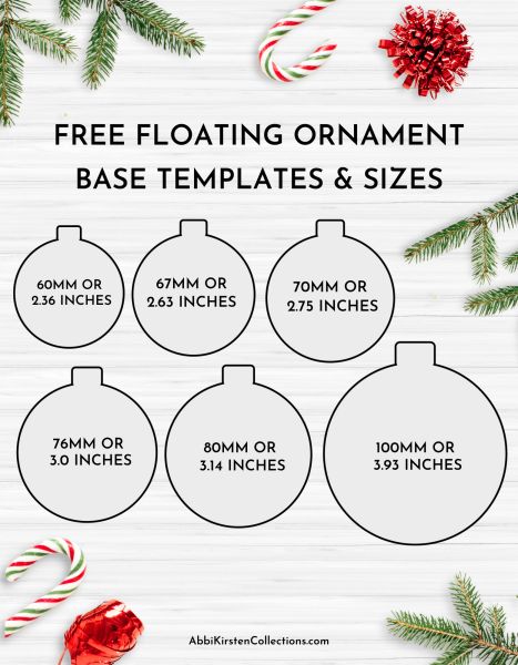 The image shows a floating ornament templates and size guide for Cricut. Text says the templates are free. Floating Ornament Template Svg Free, Cricut Floating Ornaments, Christmas Ornament Size Chart, Acrylic Blank Christmas Ornaments, Cricut Diy Ornaments, Easy Cricut Ornaments, Clear Disk Ornaments Diy, Cricket Ornament Ideas, Cricut Christmas Ornaments Svg