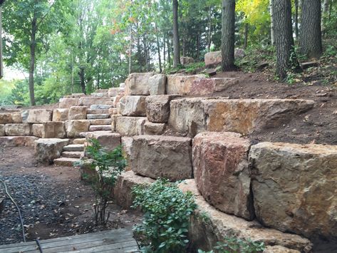 Tiered Boulder Retaining Wall, Boulder Walls Retaining, Boulder Entryway, Boulder Retaining Walls, Large Boulder Retaining Wall, Boulder Retaining Wall Ideas Hillside, Sunken Driveway, Rocks Pathway, Rock Retaining Wall Ideas