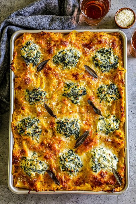 Butternut Squash and Spinach Lasagna Squash And Spinach Lasagna, Butternut Squash Spinach Lasagna, Butternut Squash Casserole Recipes, Fall Lasagna, Butternut Lasagna, Butternut Squash And Spinach Lasagna, Butternut Squash Lasagna Rolls, Sheet Pan Lasagna, Squash Lasagna Recipe