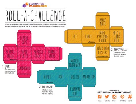 Roll-A-Challenge! By using the roll-a-challenge dice, teams will be able to create more than 200 different Instant Challenge combinations.  Just round up the supplies listed on the “Use” die, cut and glue or tape all three dice and you’re ready to get started! Steam Activities For Kids, Destination Imagination, Mathematics Activities, Stem Lab, Team Activities, Visual And Performing Arts, Fun Summer Activities, Steam Activities, Stem For Kids