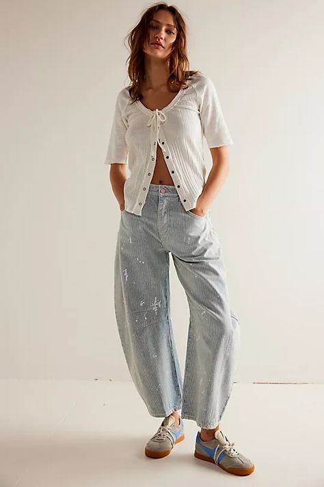 We The Free Lucky You Mid-Rise Stripe Barrel Jeans | Free People Barrel Jeans, Jeans Free People, Lucky You, Free People Jeans, Jeans Outfit, Boho Clothing, Stripe Print, Jean Outfits, Boho Outfits