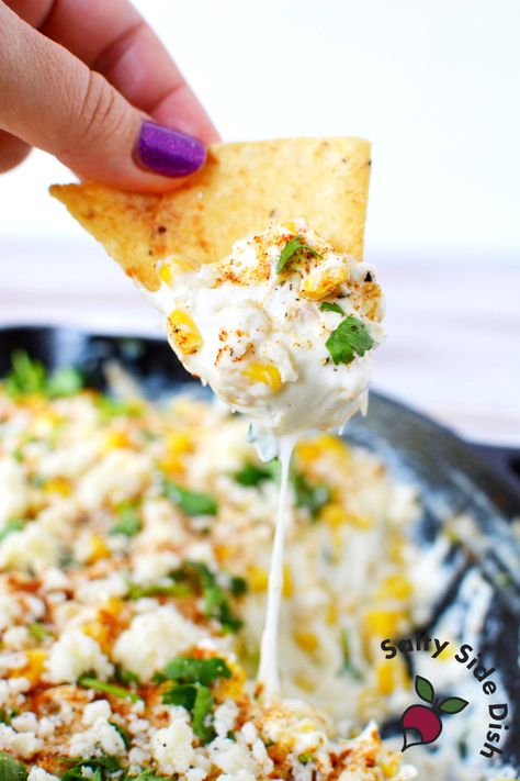 Baked Elote Dip, Cottage Cheese Corn Dip, Street Corn Appetizer, Elote Corn Dip Recipe, Corn Appetizer, Corn Queso Dip, Dip With Corn, Corn Elote Recipe, Elote Dip Recipe