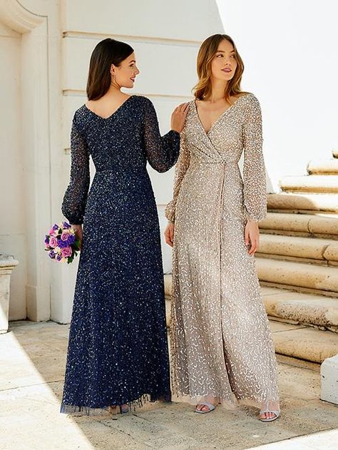 Fashion forward sheer blouson sleeves bring a sophisticated look to this allover sequined and beaded wrap front gown. A deep v front gently crosses over to be joined with a soft fabric tie. A modest opening allows for movement in this elegant gown. Adrianna Papell Wedding Dress, Wrap Dress Bridesmaid, Long Sleeve Sequin Dress, Sequin Bridesmaid Dresses, Long Sleeve Sequin, فستان سهرة, Mothers Dresses, Gowns Of Elegance, Groom Dress