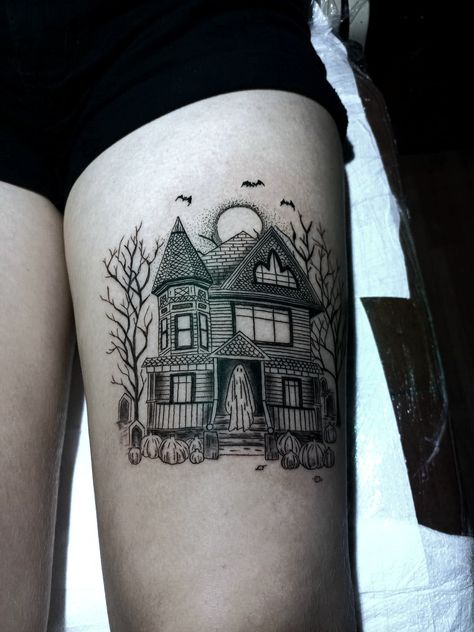 House Tattoos, Haunted House Tattoo, House Tattoo, Spooky Haunted House, Ghost Tattoo, Wicked Tattoos, Tough As Nails, Line Art Tattoos, Home Tattoo