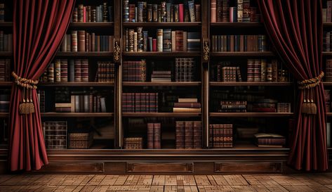 Dark Library Academy with Red Curtain and Old Style Books Dark Library, Inspirational Digital Art, Parquet Floor, Private Library, Vertical Images, Healing Plants, Space Cowboys, Studio Backdrops, Red Curtains