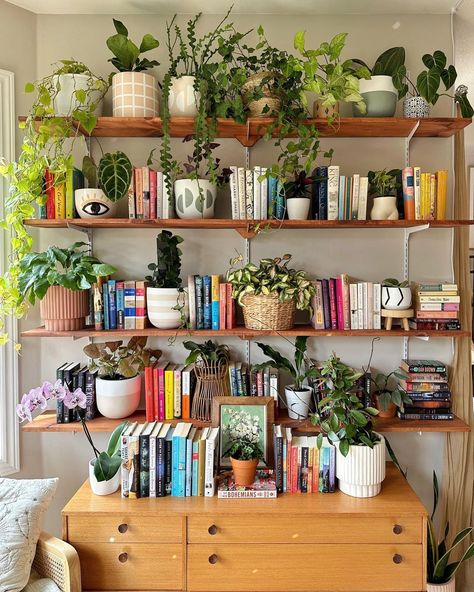 Romalyn | Home and Plant Decor ☼☽♒︎ (@bohome.plantry) | Instagram Eclectic Bookshelf Styling, Earthy Bedrooms, Bookshelf Designs, Unique Decor Ideas, Creative Bookshelves, Bookshelf Inspiration, Bookshelf Design, Home Decorating Ideas, Bookshelf Decor