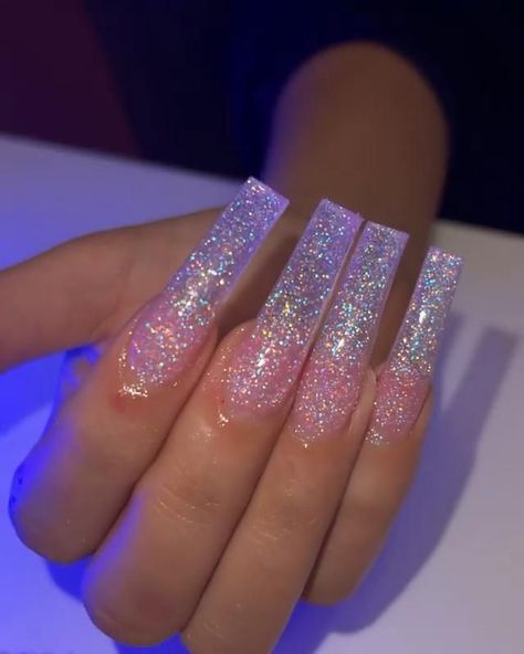 Baddie Glitter Nails, Acrylic Nails Clear Glitter, Long Acrylic Nails Clear, Long Acrylic Nails Glitter, Long Glitter Acrylic Nails, Sparkly Nails Coffin, Long Sparkly Nails, Nails Clear Glitter, Sparkly Acrylic Nails Coffin