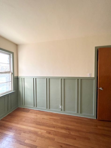 Wall Panelling Around Window, Two Tone Sage Walls, Green Wall With Wainscoting, Green Board And Batten Nursery, Half Green Wall, Shiplap Half Wall, Green Wainscoting, Half Wall Paneling Ideas, Green Beadboard