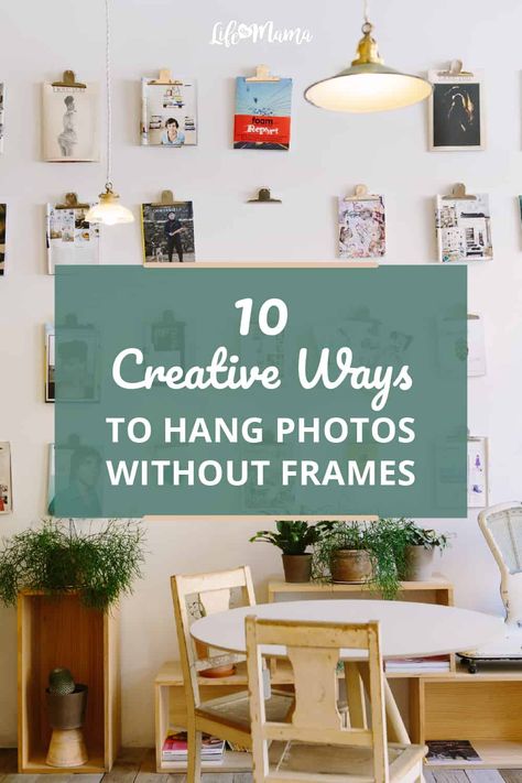 Ever look around your home and all you see are picture frames on the walls? Whether it's for hanging art, posters, or personal photos, putting them all in frames can get a little repetitive, and boring. There are so many fun and creative ways to display art in your home. So try some of these 10 creative and fun ways to hang photos in your home without putting them in frames. | #lifeasmama #housegoals #homedecor #decor #interiordesign #photos #art #photography #interiordecor #homedesign Photos Without Frames On Wall, How To Hang Prints Without Frames, Hanging 4x6 Pictures On The Wall, Hanging Up Photos Ideas, Interchangeable Photo Wall, Ways To Hang Pictures Without Frames, Diy Pictures On Wall Without Frames, Fun Ways To Hang Pictures, Frameless Wall Art