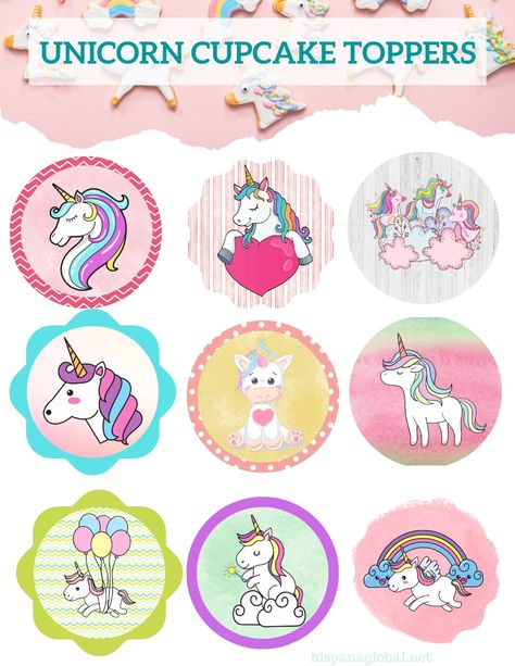 Learn how to bake and decorate unicorn cupcakes at home. You can also use these free printable unicorn cupcake toppers! Unicorn Cupcake Toppers Printable Free, Butterfly Toppers Printable, Unicorn Cake Topper Printable Free, Cupcake Toppers Free Printable, Unicorn Number Cake, Unicorn Cupcake Topper, Printable Unicorn Birthday, Unicorn Topper, Cupcake Toppers Free