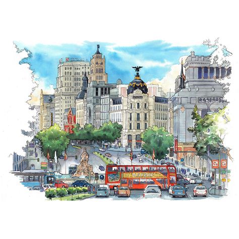 Urban Pictures, City House, Watercolor And Ink, Big Ben, Real Madrid, Taj Mahal, Madrid, Illustration Art, Spain