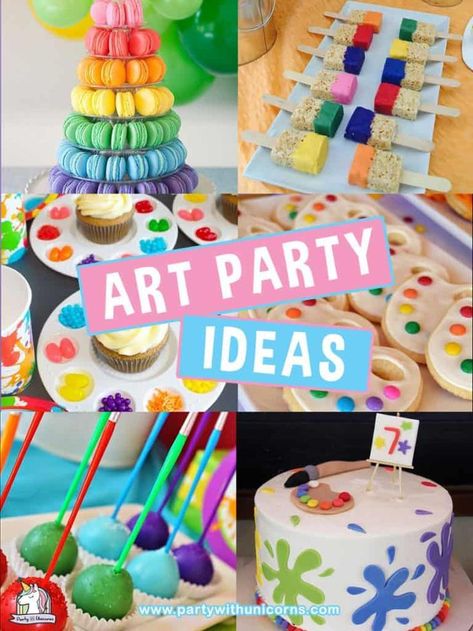 If you are planning an Art Party , check out these fun ideas. From free art party invitations to free art party favor boxes, we have everything you need to plan an amazing art birthday party. #artparty #partyideas #partythemes #artbirthdayparty Art Themed Cake, Art Cake Birthday, 9 Year Birthday Party Theme, 6 Year Birthday Party Ideas, Art Party Food, Art Party Foods, Art Party Ideas, Girls Art Party, Selena Party