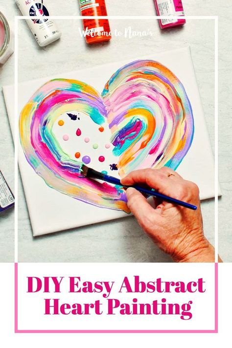 :sparkling_heart::art: Get some creativity going with this adorable & easy-to-make DIY Abstract Heart Painting! Kids of all ages (yes, adults too!) can create their own masterpiece, making it unique with their choices of color and decoration. This canvas painting idea is the perfect art project for a classroom learning about color. You can use it for a group or party, it makes a fun DIY gift or wall decoration for everyone to take home! Let's get painting! Painting Valentines Crafts Kids, Candy Heart Art Project, Diy Heart Painting On Canvas, Valentine Paint Crafts For Kids, Kids Valentine Painting Canvas, Heart Artwork Creative, Valentines Art Painting, Valentines Day Canvas Painting Diy, Canvas Heart Painting Ideas