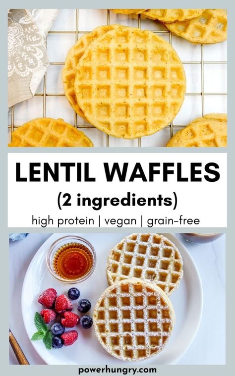 High protein lentil waffles, made with 2 ingredients. They are vegan, gluten-free, grain-free, oil-free, and can be used as bread, too. #lentils #highprotein #veganprotein #proteinwaffles #waffles #grainfree #glutenfree #oilfree #lentilbread #vegan #veganwaffles #proteinbread #proteinsnack #proteinbreakfast #veganrecipe #veganrecipes #2ingredients #2ingredientrecipe Red Lentil Waffles, Lentil Breakfast Recipes, Balancing Macros, Lentil Waffles, Lentil Breakfast, Cauliflower Waffles, Lentil Pancakes, Lentil Bread, Waffles Vegan