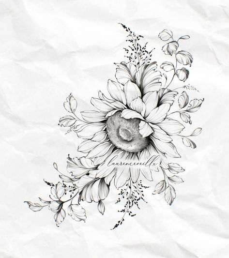 Sunflower and greenery tattoo design 🌻🖊️ Find the link to this design in my story now🖤 All my tattoo designs are listed on my Etsy shop • Buy, download & bring to your tattoo artist ♡ Shop this design or hundreds of other ones by clicking link in bio 🤍 . . . . . . . #tattoodesign #tattoo #sunflower #sunflowertattoo #flowertattoo #tropicaltattoo #finelinetattoo #lineworktattoo #blacktattooart #blackworktattoo #illustration #darkart Leaves Tattoo Design, Back Of Forearm Tattoo, Botanical Art Drawing, Sunflower Leaf, Botanisches Tattoo, Daisy Tattoo Designs, Tattoo Design For Women, Bohemian Tattoo, Leaves Tattoo