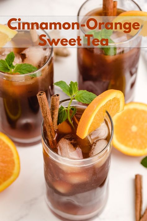 Cinnamon Orange Sweet Tea is not your typical backyard barbecue iced tea, it's so much better! This next level sweet tea uses cinnamon and ginger to highlight the sweetness of the added sugar and bring the citrus undertones to life!  via @cmpollak1 Orange Peel Tea Recipes, Cinnamon Tea Recipe, Mexican Cinnamon Tea, Orange Cinnamon Tea Recipe, Orange Spice Tea Recipe, Spiced Tea With Tang Recipe, Spiced Tea Recipe With Tang, Cinnamon Orange Tea, Orange Peel Tea