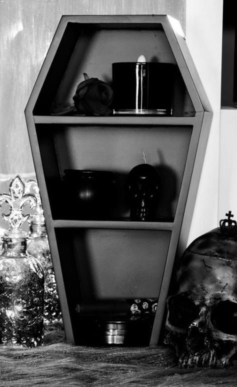 Coffin Shelf, Alternative Home Decor, Shelf Home Decor, Black Shelf, Gothic Bedroom, Curio Shelf, Theme Bedroom, Curiosity Cabinet, Wednesday Adams