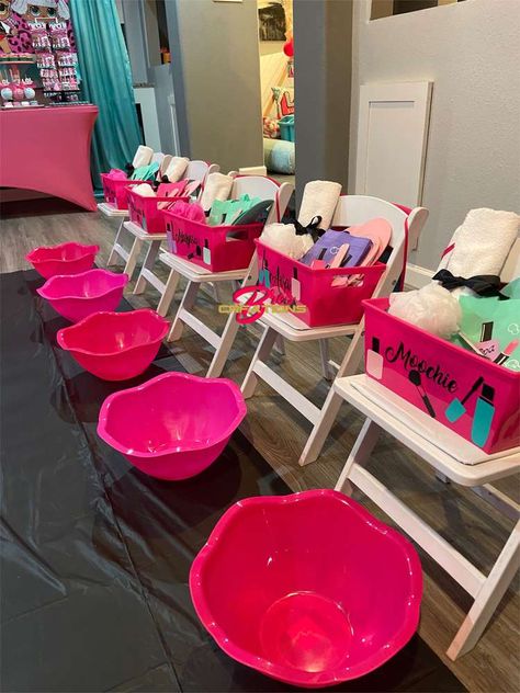 Salon Party For Girls Birthday, Nail Polish Birthday Party Ideas, Pink Spa Birthday Party, Nail Birthday Party Ideas, Diy Spa Birthday Party For Girls Kids, Barbie 6th Birthday Party Ideas, Girls Hotel Sleepover Party Ideas, Girls Spa Sleepover Party, Nail Salon Birthday Party Ideas