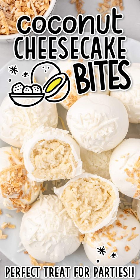 These Coconut Cheesecake Bites are packed with creamy coconut filling. They're delicious little treats with a tropical taste that are always a huge hit at parties and family gatherings. Coconut Cake Balls, Cooking Desserts, Coconut Filling, Summer Sweets, Coconut Cheesecake, Cheesecake Lovers, Coconut Desserts, Fruit Dessert Recipes, Homemade Cheesecake