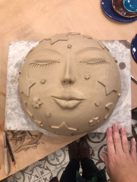 Ceramic Final Project Ideas, Clay Mask Ceramics, Ceramics Mask Ideas, Mask Clay Art, Ceramic Moon Face, Clay Mask Ideas Art Ceramic Sculptures, Face Jugs Pottery Cute, Ceramic Masks Ideas Faces, Clay Self Portraits