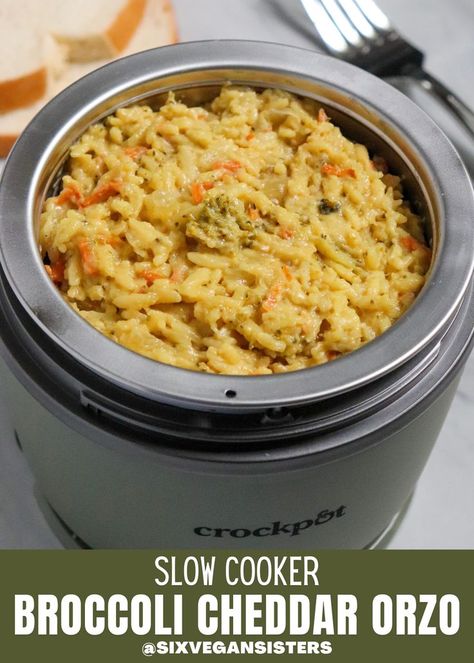 This orzo takes the creamy, cheesy deliciousness of broccoli cheddar soup and combines it with orzo for a delicious pasta dish. The best part? It's made in a @crockpot Slow Cooker! Let your slow cooker do the work while you spend your time enjoying other activities. Have leftovers? Add them to your Crockpot™ Design Series Lunch Crock™ Food Warmer to easily reheat and enjoy on the go! Get one for yourself here: https://bit.ly/3pAWsXf. #veganrecipes #slowcookerrecipes #crockpot #crockpotrecipes Dinner Recipes Broccoli, Broccoli Cheddar Orzo, Cheddar Orzo, Creamy Orzo Recipes, Vegan Rice Dishes, Vegan Pasta Noodles, Crockpot Lunch, Recipes Broccoli, Crockpot Slow Cooker