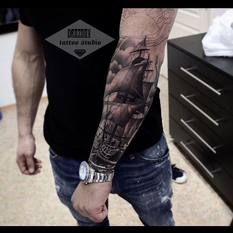 Ship Tattoo Sleeves, Pirate Tattoo, Ship Tattoos, Forarm Tattoos, Pirate Ship Tattoos, Nautical Tattoo Sleeve, Pirate Ship Tattoo, Boat Tattoo, Best Ship