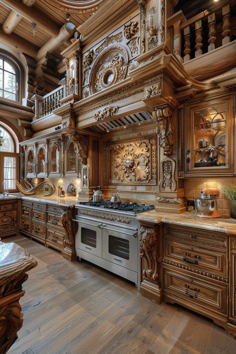 Architectural Kitchen, Castle Kitchen Aesthetic, Beautiful Kitchen, Castle Kitchen, Fantasy Kitchen, Log Cabin Kitchens, Baroque Interior Design, Ornate Kitchen, Mansion Kitchen