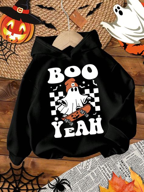 Tween Boy Halloween Costumes, Skateboarding Ghosts, Spooky Sheet Ghosts, "Boo Yeah" Print Tween Boy Casual Loose Fit Pullover Hoodie, Suitable For Autumn & Winter, Sweatshirt Black   Long Sleeve Knitted Fabric Cartoon,Geometric,Halloween,Letter Pullovers Slight Stretch  Tween Boys Clothing, size features are:Bust: ,Length: ,Sleeve Length: Sheet Ghosts, Boy Halloween, Boy Halloween Costumes, Halloween Boys, Halloween Hoodie, Fantasias Halloween, Printed Sleeveless Top, Boys Sweatshirts, Winter Sweatshirt