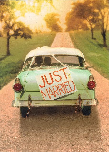 Memories...After a couple got married, the bridal party would get in their cars and drive through town honking their horns letting everyone know the couple had tied the knot. Just Married Auto, 1960s America, Wedding Getaway Car, Just Married Sign, Just Married Car, Getaway Car, Dirt Road, Old Car, Retro Cars