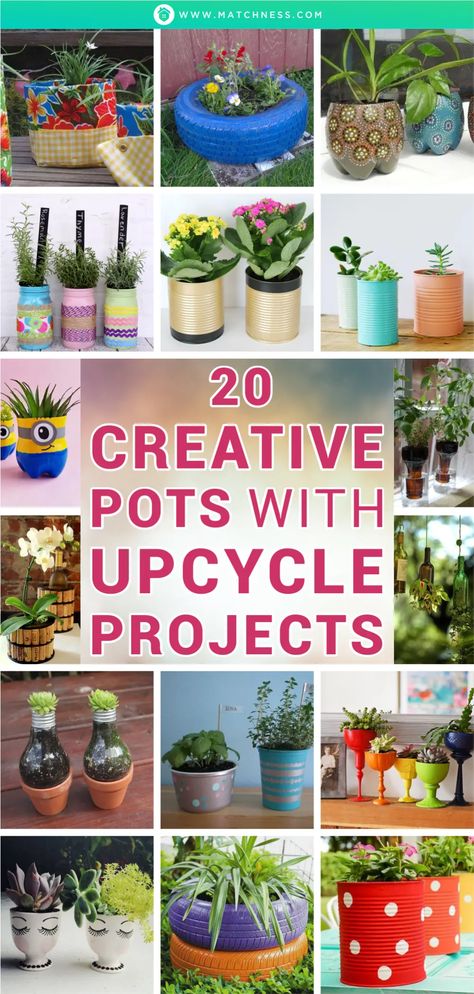 20 Creative Pots with Upcycle Projects - Matchness.com Diy Planters Pots, Recycled Garden Planters, Diy Planters Indoor, Recycled Planters, Plant Pots Crafts, Unique Flower Pots, Unusual Planter, Upcycled Planter, Wall Hanging Decorations