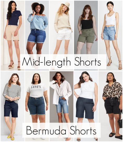 The Best Shorts for Grown-Ass Women: Over 40 Styles For All Sizes, Shapes, and Situations Shorts For Hourglass Shape, Shorts Length Guide, Mid Length Shorts Outfits, Jean Shorts Outfit Ideas, Plus Size Shorts Outfit, Bermuda Shorts Outfit, Wardrobe Oxygen, Jean Shorts Outfit, Shorts Outfit Ideas