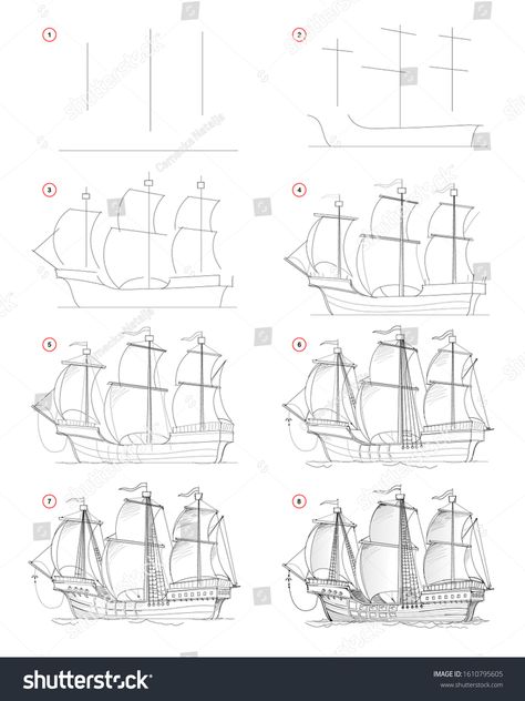 How to draw step by step sketch of fantastic medieval sail ship. Creation pencil drawing. Educational page for artists. Textbook for developing artistic skills. Hand-drawn vector by graphic tablet. #Ad , #SPONSORED, #Creation#ship#pencil#Educational Draw A Pirate Ship, Pirate Ship Drawing, Boat Sketch, Ship Sketch, Step By Step Sketches, Sail Ship, Navi A Vela, Draw Step By Step, Boat Drawing