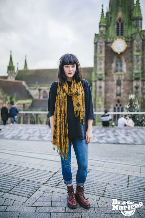 How to Wear - Birmingham Dm Boots Outfits, Cherry Doc Martens Outfit, Cherry Red Dr Martens Outfit, Red Dr Martens Outfit, Red Docs, Doc Martin Outfits, Bob Fringe, Red Boots Outfit, Grace Hartzel