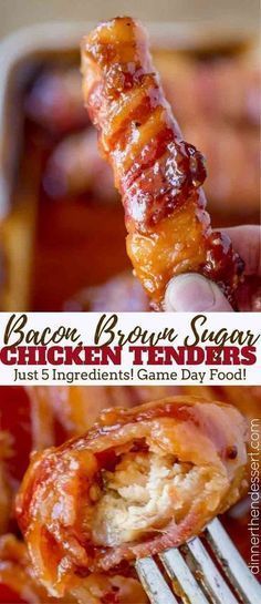 Bacon Brown Sugar Chicken Tenders with just five ingredients and 30 minutes these are the PERFECT gameday treat! A sticky, sweet, salty, crunchy appetizer. Brown Sugar Bacon Chicken, Bacon Brown Sugar Chicken, Chicken Tenders Dinner, Bacon Brown Sugar, Brown Sugar Chicken, Brown Sugar Bacon, Bacon Chicken, Wrapped Chicken, Bacon Wrapped Chicken