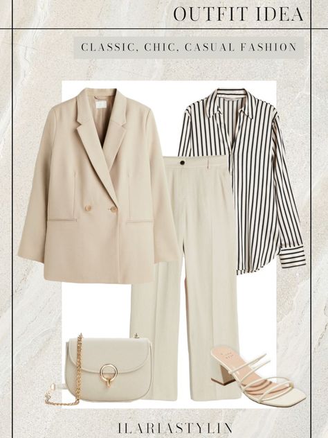 fashion | fashion inspo | spring fashion | spring outfit | outfit inspo  | classic style | classic chic | chic outfit | office outfit | beige blazer outfit | style beige blazer | striped shirt outfit | style striped shirt | beige pants outfit | style beige pants | cream sandals outfit | style cream sandals | beige sandals outfit | beige bag outfit | style beige bag | style inspo | women fashion Blue Office Outfit, Cream Blazer Outfits For Women, Blazer Outfits For Women Work, Elegant Beige H&m Outerwear, Outfits For Women Work, Ootd Moodboard, Casual Women Outfits, Buisness Casual Women, Beige Sweater Outfit