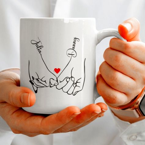 Personalized Coffee Mug For A Couple. Just Add 2 Names! Print On Both Sides. Comes In 11oz. Please Contact Me If You Need 15oz Size. Pink Coffee Cups, Valentine Mug, Couples Coffee Mugs, Pinky Swear, Creative Birthday Gifts, Customised Mugs, Valentines Mugs, Couple Mugs, Printed Cups