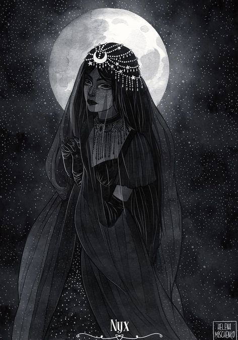 Long Hair, Greek Mythology, Nyx, Stars, Moon And Stars, Full Moon, A Black, Moon, Black And White