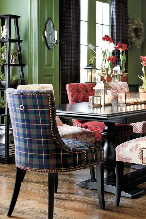 Tartan Decor, Scottish Interiors, Scottish Decor, Plaid Chair, English Cottage Interiors, British Decor, Dark Green Walls, Den Ideas, Cabin Furniture