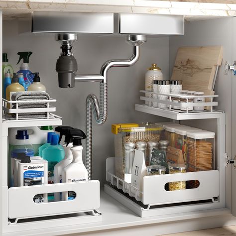 PRICES MAY VARY. 【3 Levels Height Adjustment】 Under sink organizer has upgraded height-adjustable design and L-shaped design to avoid obstacles such as pipes and valves. Through height adjustment, under sink organizers and storage can easily store items of different heights and flexibly configure the under-sink space.(Patent Pending) 【2-layer Pull-out Baskets】Under cabinet organizer uses a 2-layer sliding pull-out basket. The 2-layer structure makes full use of the vertical space to store items Under Sink Pull Out Storage, Under The Sink Storage Kitchen, Under Kitchen Sink Organizer, Home Organization Products, Storage Under Kitchen Sink, Tiny Home Kitchen Storage, Unique Bathroom Storage Ideas, Kitchen Extra Storage Ideas, Under Kitchen Sink Organization Ideas