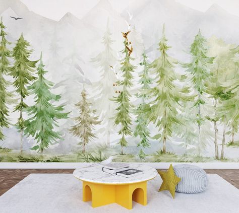 Kids Wallpaper Mountain and Trees Peel & Stick Textured Wall Mural Self Adhesive Nursery Wallpaper Child Room Watercolor Forest Decal - Etsy Playroom Mural, Forest Wall Decals, Toddler Decor, Kindergarten Wallpaper, Playroom Wallpaper, Woodland Wallpaper, Baby Boy Nursery Decor, Forest Wall Mural, 4 Wallpaper